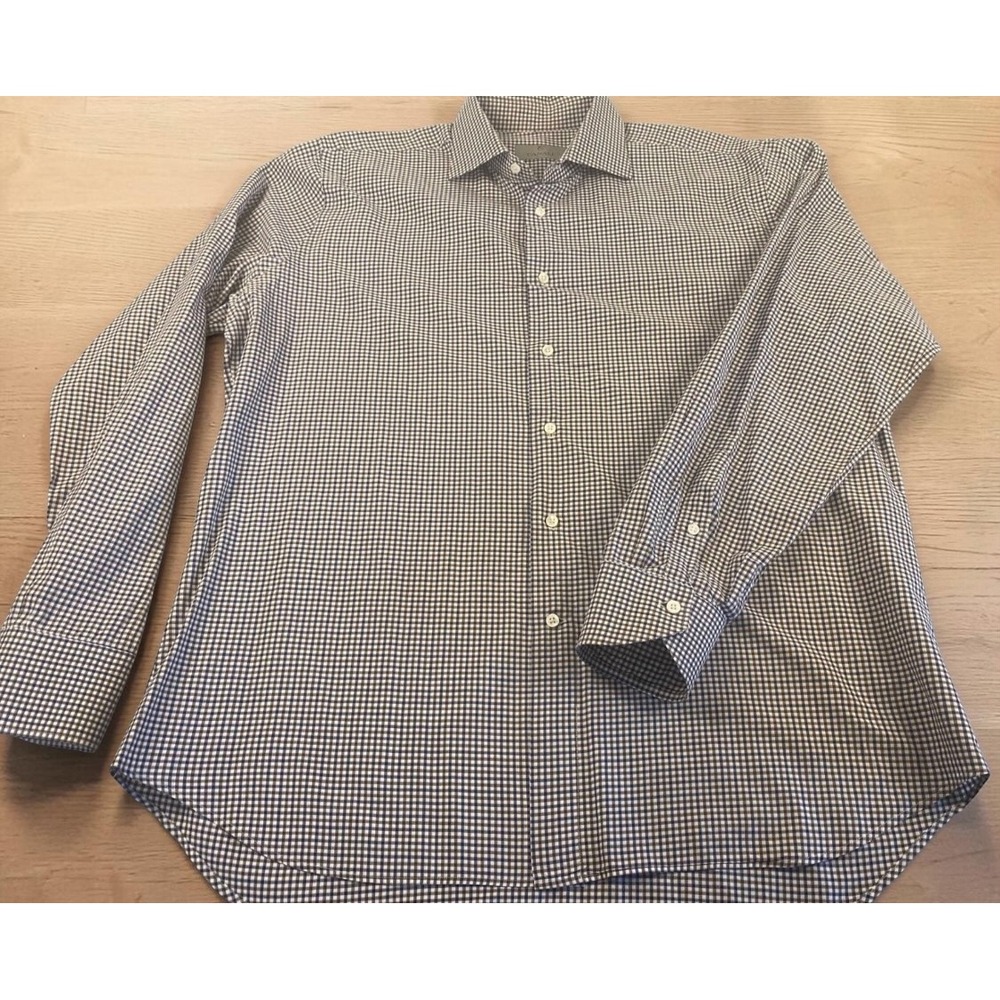 Canali Gingham Check Pearl Button Cotton Long‎ Sleeved  Designer shirt 43/17 XL